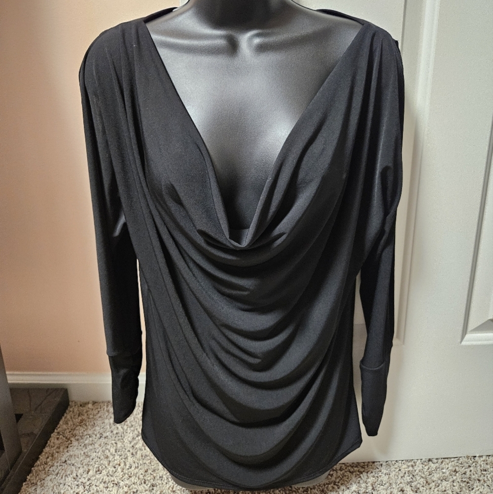 VENUSBlack Draped Asymmetrical Cowl Neck Top